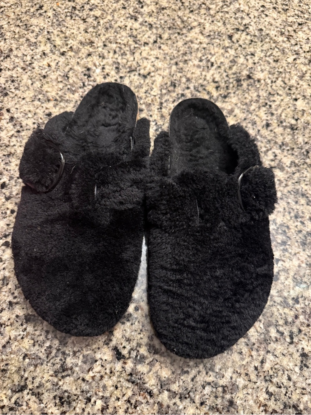 Birkenstock Black Faux Fur Slip-On Mules with Buckle